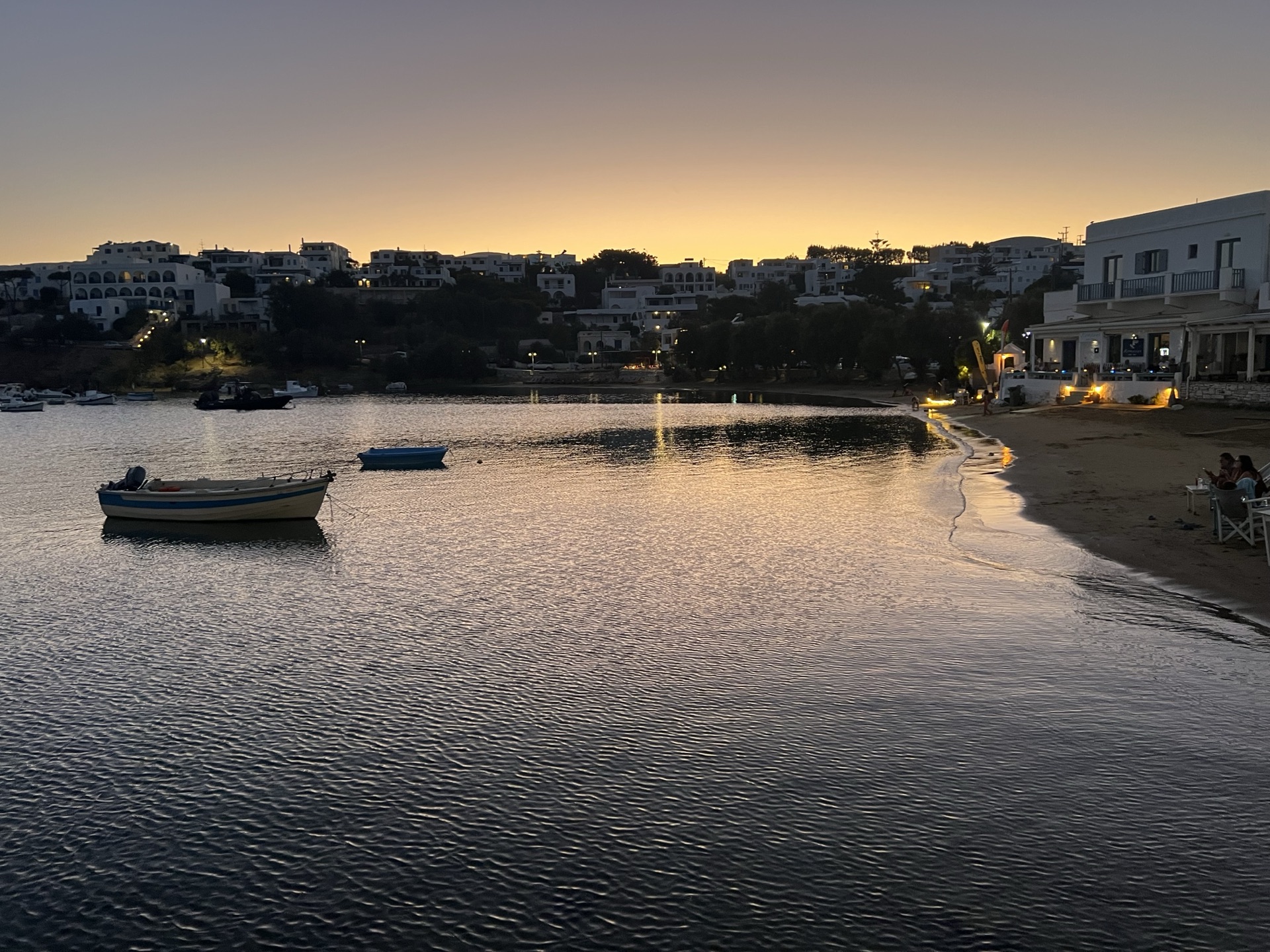 A quiet Greek harbor at dusk